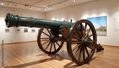 Historical iron cannon showcased in museum gallery, military heritage