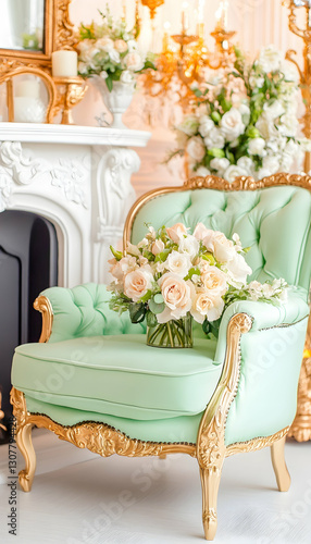 Pastel roses on ornate chair, elegant room setting; wedding decor inspiration photo