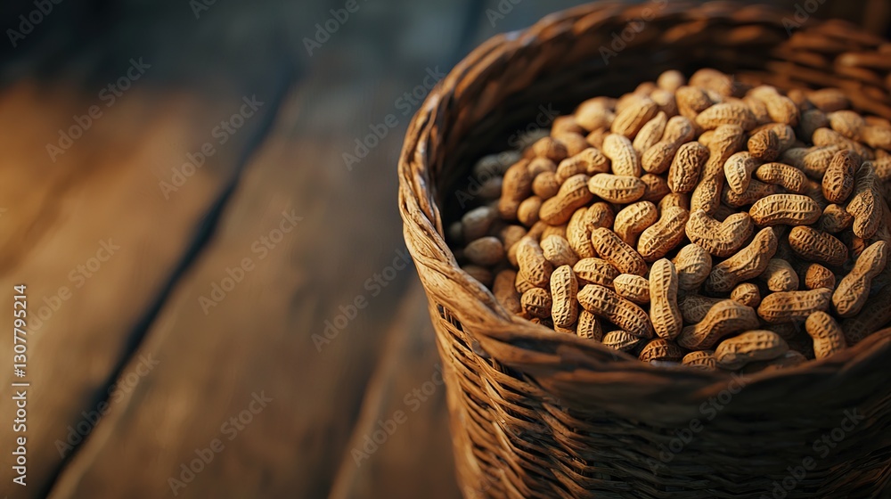 Obraz premium Closeup of a woven basket filled with peanuts rustic setting food photography natural environment captivating viewpoint