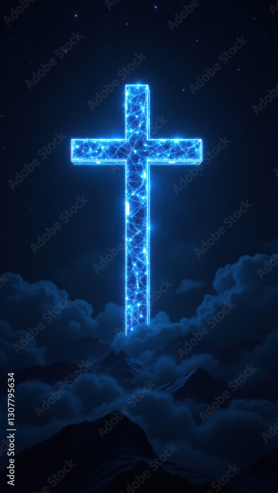 Naklejka premium A cross floating on a cloudy sky with mountains below.