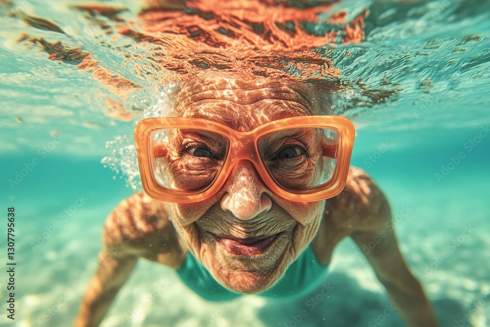 Naklejka premium An energetic elderly woman is depicted swimming beneath the surface of crystal-clear blue water, donning a pair of orange goggles, and embracing a healthy way of life