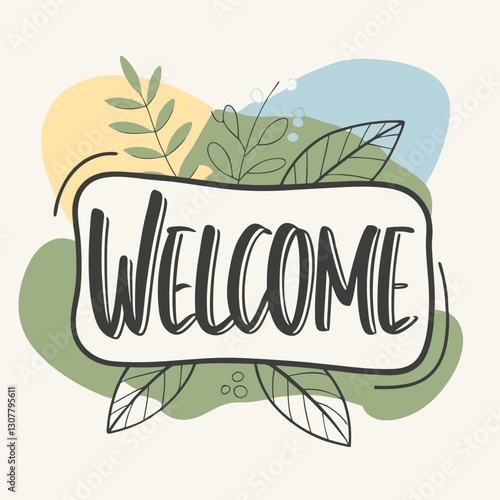 Welcome icon with leaves and shapes, inviting decoration concept