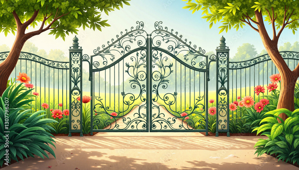 Fototapeta premium Intricate iron fencing design framing a sunny garden path, elegance