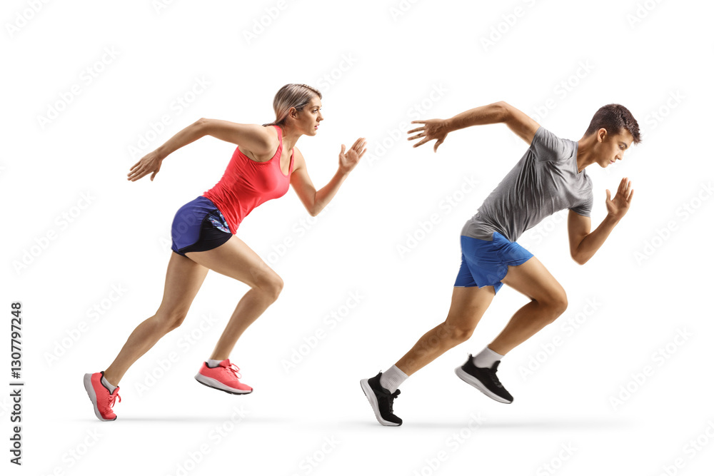 Full length profile shot of a fit young man and woman running fast Full length profile shot of a fit young man and woman running fast