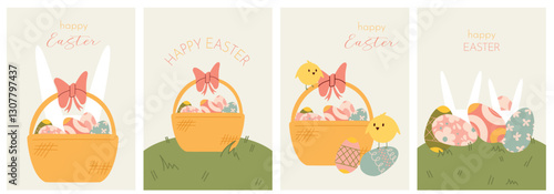 A set of vintage happy Easter Illustrations with rabbit, cute chickens and a basket of Easter eggs, in pastel colors. Poster, postcard, poster.