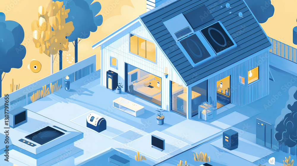 Remote Home Access: Accessing and controlling smart home systems remotely via a smartphone app while away from home, with a view of various home devices Remote Home Access: Accessing and controlling smart home systems remotely via a smartphone app while away from home, with a view of various home devices