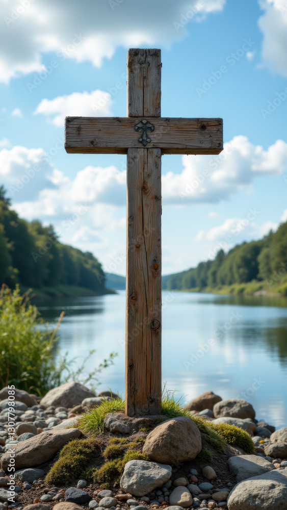 A wooden cross standing by a serene river under a clear sky with mountainous horizons, embodying Christian spirituality amidst nature's tranquility. A wooden cross standing by a serene river under a clear sky with mountainous horizons, embodying Christian spirituality amidst nature's tranquility.