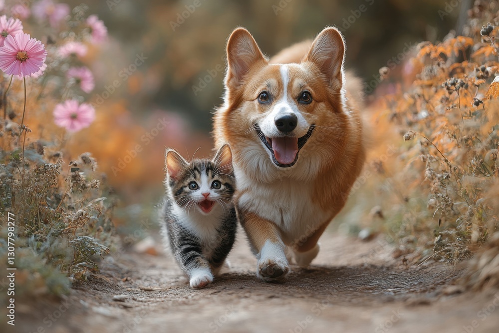 Best Friends Forever: A charming image of a corgi and kitten enjoying a sunny adventure. Witness the adorable bond between this unlikely pair as they journey together, framed by wildflowers. Best Friends Forever: A charming image of a corgi and kitten enjoying a sunny adventure. Witness the adorable bond between this unlikely pair as they journey together, framed by wildflowers.