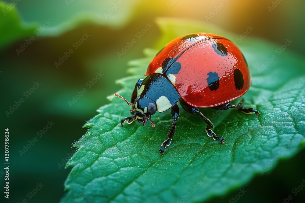 Close Up of a Ladybug Resting on a Vibrant Green Leaf in a Garden Environment Close Up of a Ladybug Resting on a Vibrant Green Leaf in a Garden Environment