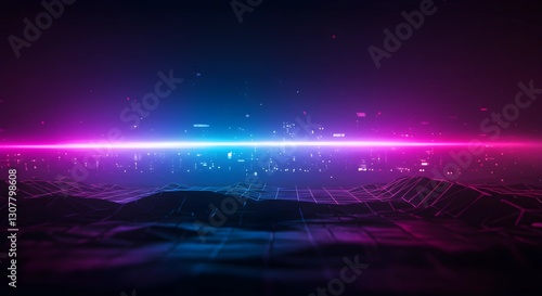 Digital Horizon: An abstract landscape bathed in vibrant neon lights, evoking a sense of futuristic exploration, the digital realm's edge.
