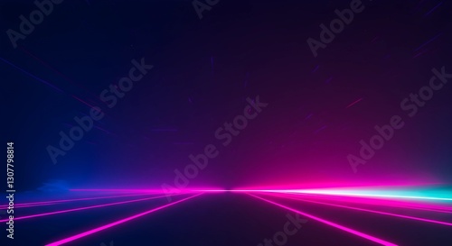 Neon Horizon: An abstract representation of a futuristic cityscape. The image captures neon-lit pathways extending towards a horizon filled with a gradient of colors.