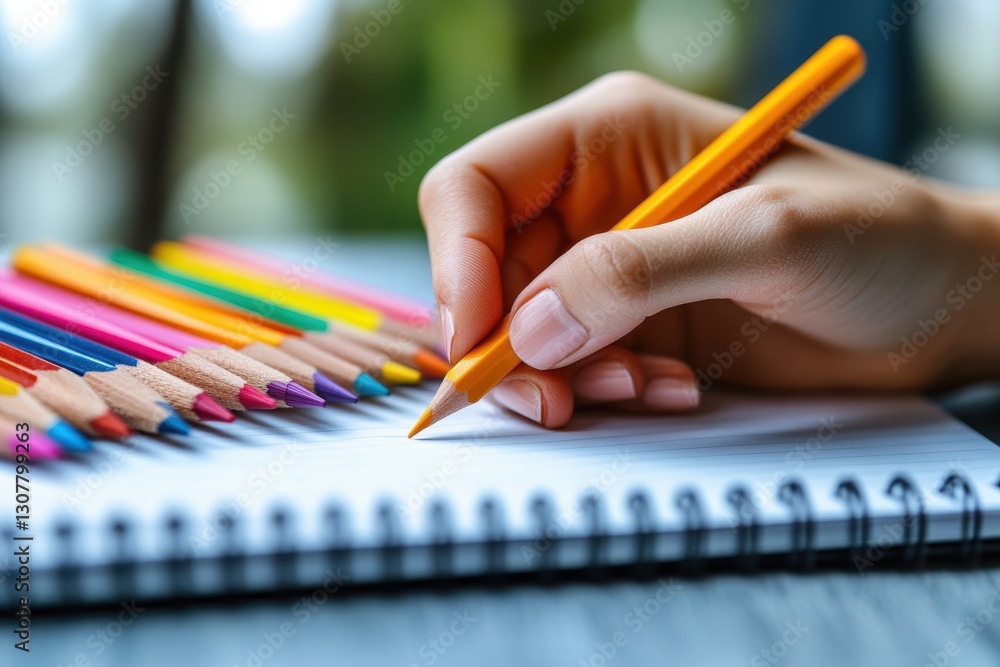 Creative Spark: A close-up shot showcasing a hand meticulously holding an orange pencil, poised above a blank notebook, surrounded by a vibrant array of colored pencils. Creative Spark: A close-up shot showcasing a hand meticulously holding an orange pencil, poised above a blank notebook, surrounded by a vibrant array of colored pencils.
