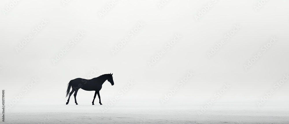 Majestic Black Horse Walking Gracefully in Misty Landscape Majestic Black Horse Walking Gracefully in Misty Landscape