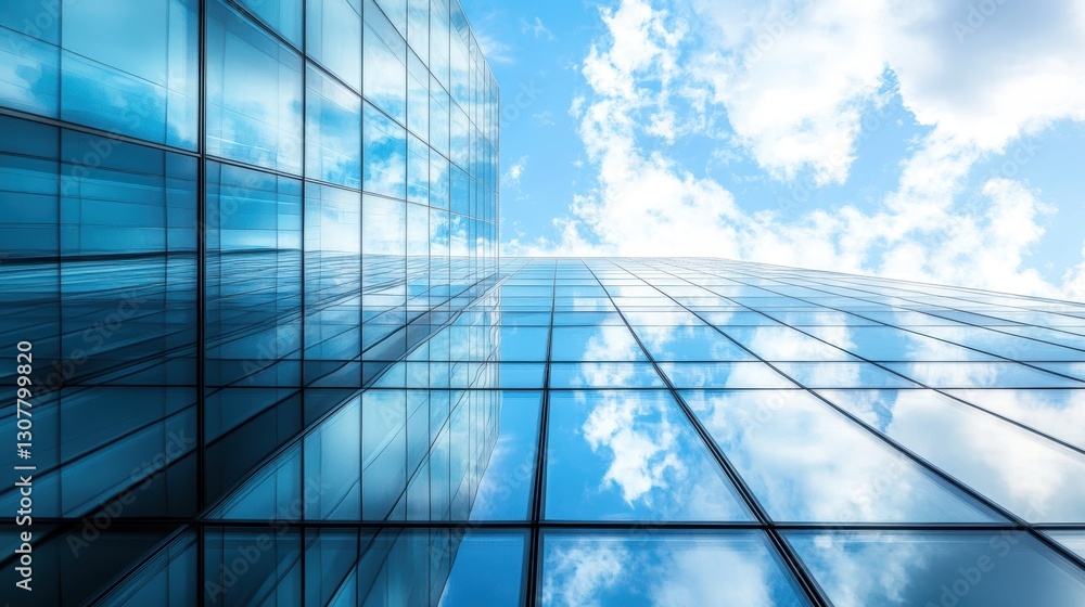 Modern Office Building with Glass Facade Under Bright Blue Sky Modern Office Building with Glass Facade Under Bright Blue Sky