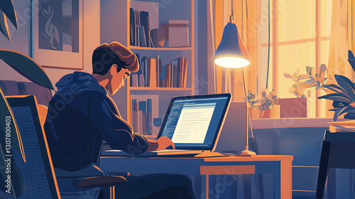 Virtual Classroom at Home: Student using a laptop or tablet to participate in a live online class, with educational content displayed on the screen and a cozy home study area