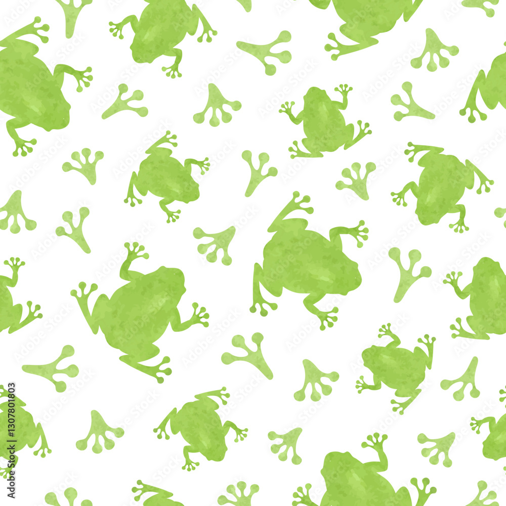 Fototapeta premium Green Frog and footprints seamess pattern. Vector watercolor illustration