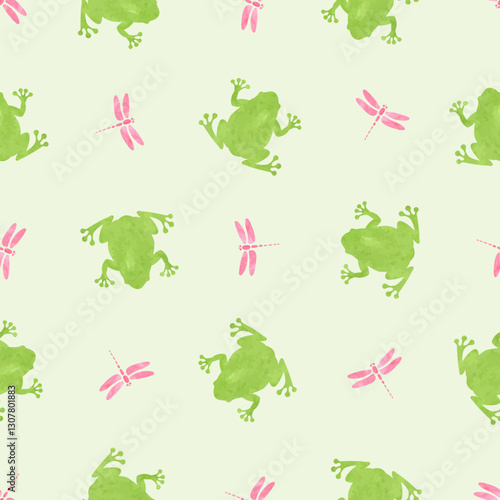 Seamless watercolor frog pattern. Vector background with green frogs and pink...