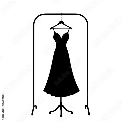 A black silhouette of a dress hangs on a simple clothes rack 