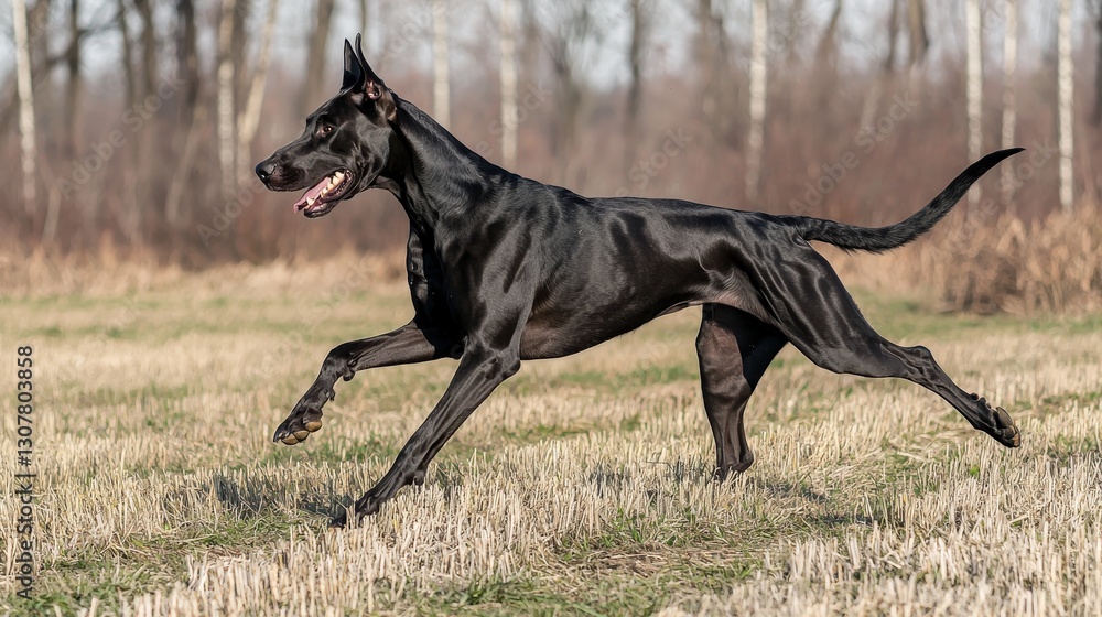 Majestic Black Dog Galloping Gracefully Across Open Field Majestic Black Dog Galloping Gracefully Across Open Field