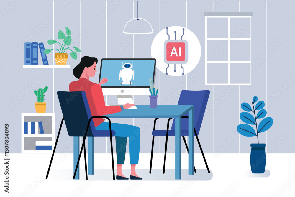 Woman working with artificial intelligence on computer from home office Woman working with artificial intelligence on computer from home office