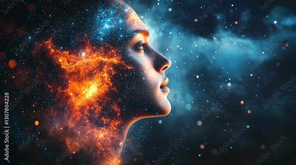 Celestial portrait of an ethereal man bathed in cosmic light and stardust against a dark sky Celestial portrait of an ethereal man bathed in cosmic light and stardust against a dark sky