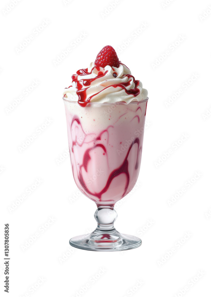 Fresh Raspberry Milkshake with Swirled Berry Sauce, Whipped Cream Topping and Fresh Raspberry Garnish in Vintage Glass Isolated on Transparent and White Background Fresh Raspberry Milkshake with Swirled Berry Sauce, Whipped Cream Topping and Fresh Raspberry Garnish in Vintage Glass Isolated on Transparent and White Background