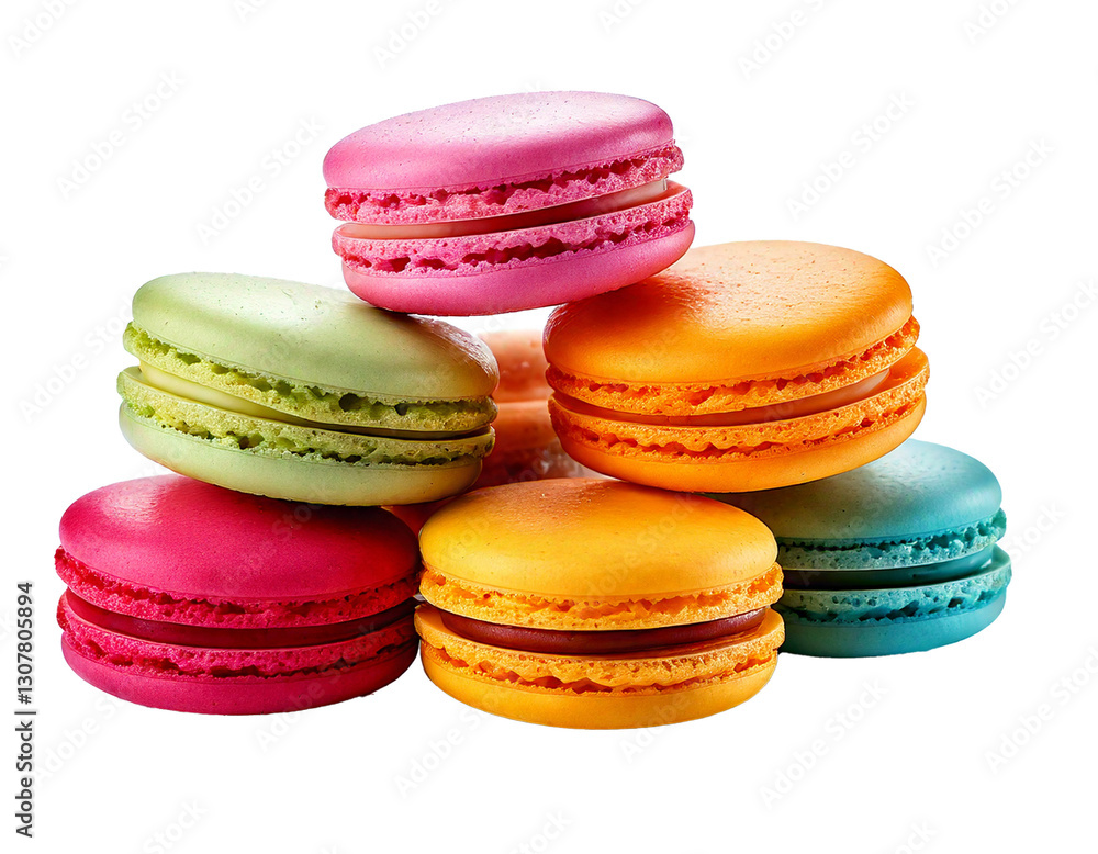 Fototapeta premium Colorful Assortment of Delicious Macarons with Smooth Almond Meringue Shells and Flavorful Fillings, Isolated on White Background, Emphasizing French Bakery Confectionery Art. 