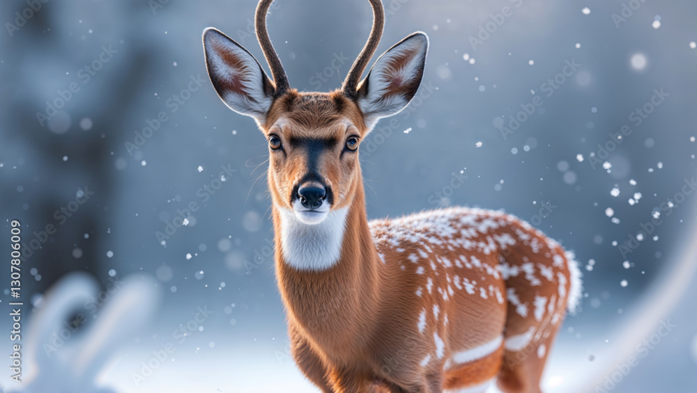 Portrait of a young deer standing peacefully as snow falls softly in a winter wonderland. Portrait of a young deer standing peacefully as snow falls softly in a winter wonderland.