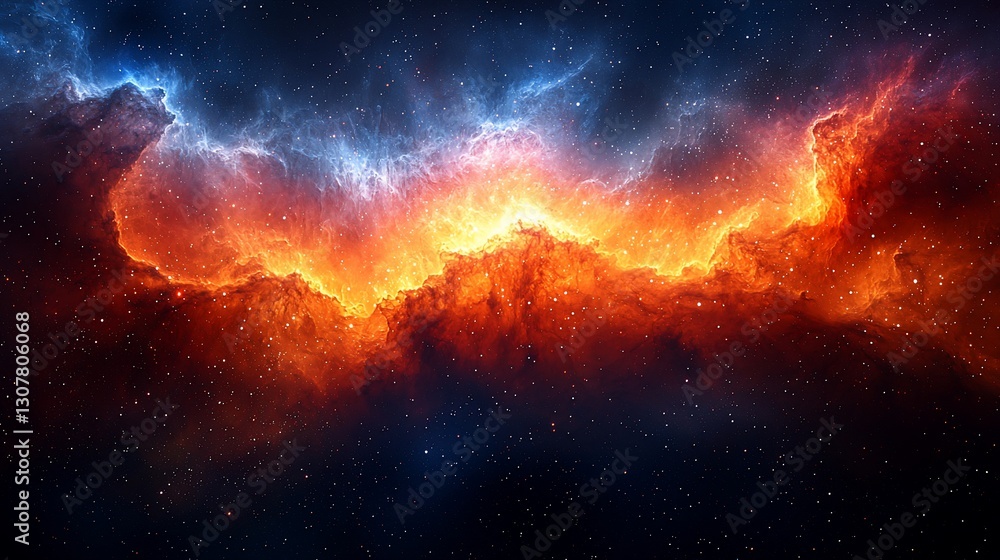 Fototapeta premium Fiery cosmic nebula with blue and orange hues.