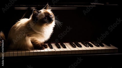 Cat Sitting on Grand Piano in Rich Golden Lighting with Aristocratic Look