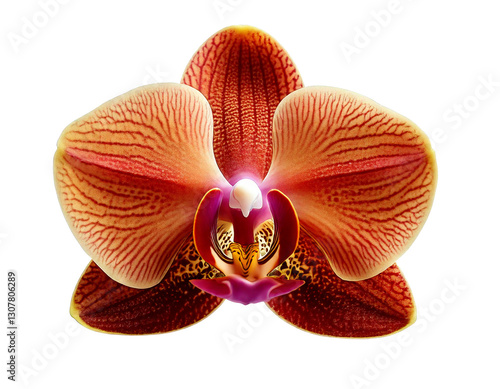 Rich Brown Orchid Flower with Velvety Petals and Intricate Patterns, Isolated on White Background, Showcasing Exotic Elegance and Natural Sophistication for Botanical Displays.
 photo