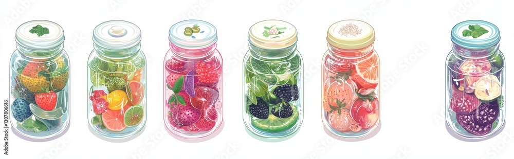 A collection of detox water icons is offered, illustrating water that has been infused with a blend of fruits, vegetables, herbs, and spices to make a healthy and invigorating beverage A collection of detox water icons is offered, illustrating water that has been infused with a blend of fruits, vegetables, herbs, and spices to make a healthy and invigorating beverage