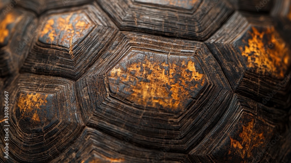 Intricate Patterns of Turtle Shell Plating Carapace Scales Hexagon Brown Color Textured Details