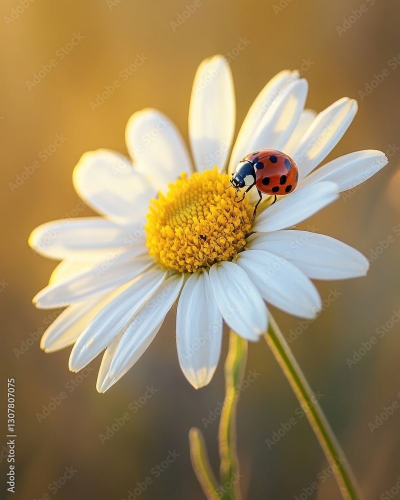 Fototapeta premium Ladybug Resting Gracefully on a White Daisy Petal in Warm Sunlight Serene Floral Scene