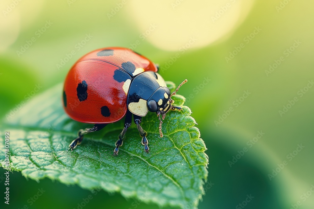 Fototapeta premium Ladybug Resting on a Green Leaf Detailed Close Up Beautiful Macro Nature Photography Sunlight Warm
