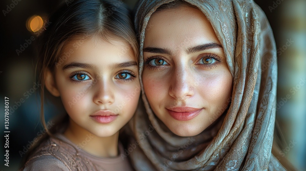 Woman in hijab hugs girl indoors; warm light blurs background Woman in hijab hugs girl indoors; warm light blurs background