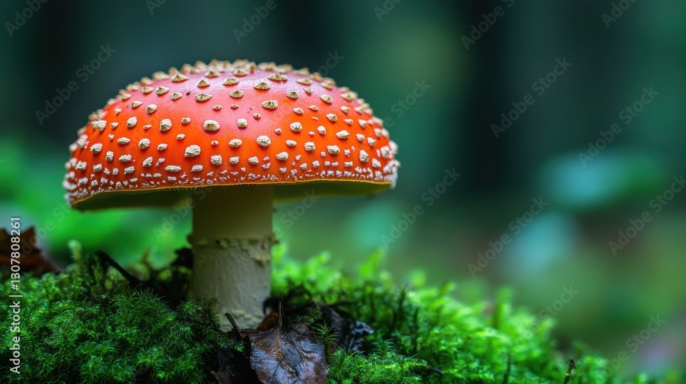 Fototapeta premium Poisonous Red Capped Mushroom in Forest Setting with Mossy Background and Greenery Detail