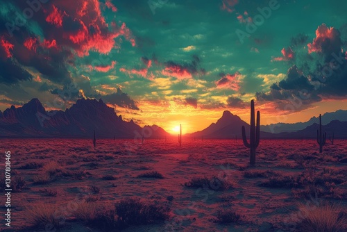 A stunning sunset brings a warm glow to the arid desert landscape, where yucca plants stand out in the foreground photo