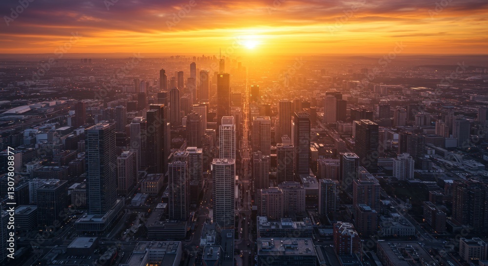 Fototapeta premium <Los Angeles Cityscape at Sunset: Aerial View of Skyline and Architecture with Vibrant Colors and Nature Fusion>