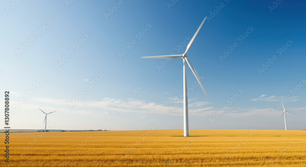 Sustainable Renewable Energy: Wind Turbines in Wheat Fields Under Blue Skies Sustainable Renewable Energy: Wind Turbines in Wheat Fields Under Blue Skies
