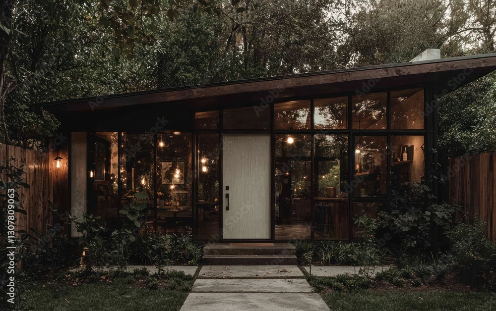 Modern mid-century style house with large windows at dusk. Modern mid-century style house with large windows at dusk.
