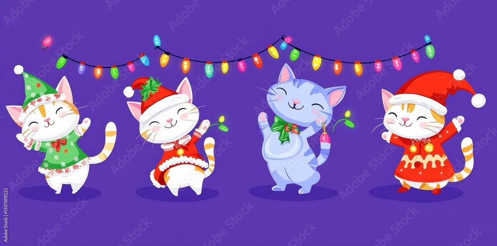 Fototapeta premium Playful holiday characters are set with Christmas cats, including a cartoon black kitten with head stars, a ginger pet wearing a Santa hat, a white spotted feline wrapped in garland, and a stretching