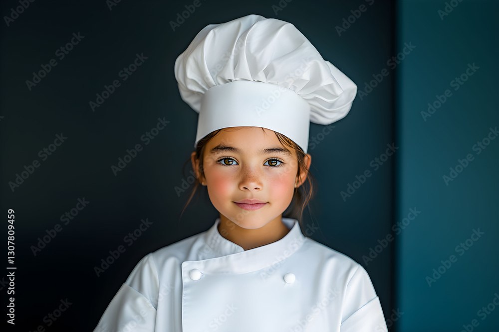 Young girl chef smiling proudly in a white uniform, showcasing culinary passion in a modern kitchen setting Young girl chef smiling proudly in a white uniform, showcasing culinary passion in a modern kitchen setting