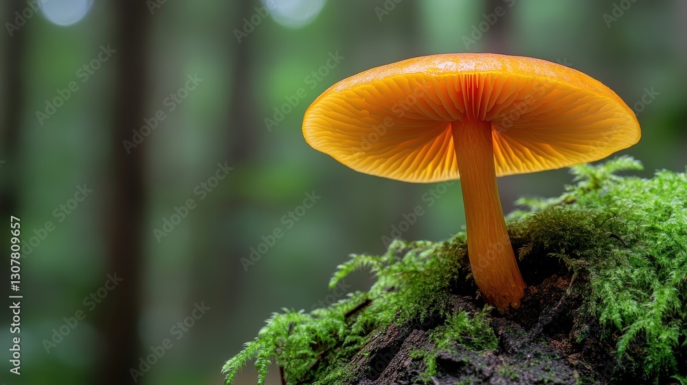 Single Vibrant Orange Mushroom on Mossy Stump in Forest Woodland Setting Close Up Perspective Single Vibrant Orange Mushroom on Mossy Stump in Forest Woodland Setting Close Up Perspective