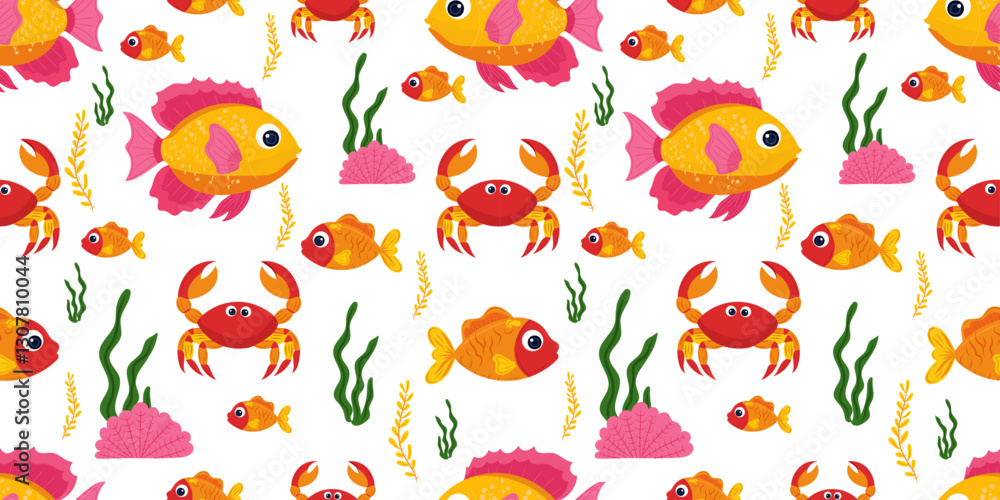 Marine pattern with pink and yellow fish, red crab and seaweed on white background. Cute cartoon sea creatures illustration in vector flat style. For children's book characters, sea stories, wallpaper Marine pattern with pink and yellow fish, red crab and seaweed on white background. Cute cartoon sea creatures illustration in vector flat style. For children's book characters, sea stories, wallpaper