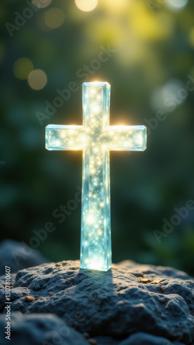 A glowing Christian cross with a blurred background, symbolizing faith and light.