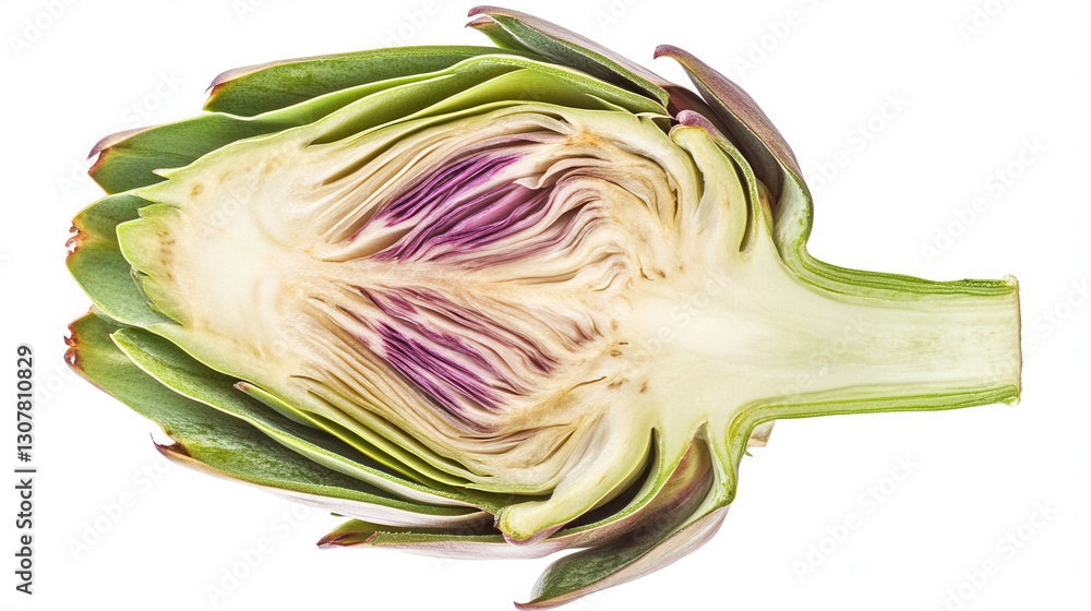 Obraz premium Detailed cross-section of an artichoke highlighting its unique structure and vibrant colors against a clean, white background