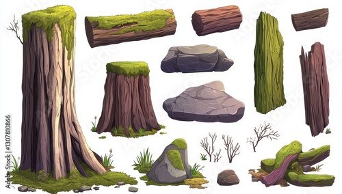 Fototapeta Naklejka Na Ścianę i Meble -  Cartoon game environment design elements, such as mossy rocks and fallen logs, combined with natural assets including hollow tree trunks, stone arches, and grass-covered boulders