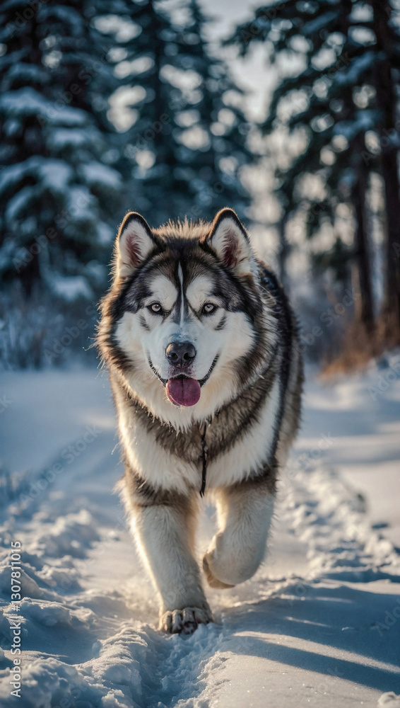 Alaskan Malamute walking in the winter. Alaskan Malamute walking in the winter.
