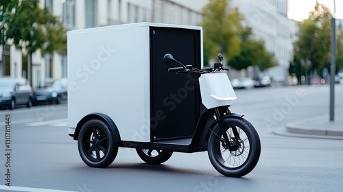 Electric cargo bikes replacing diesel delivery vans, weaving efficiently through urban streets while AI traffic management optimizes carbon-free last-mile delivery photo